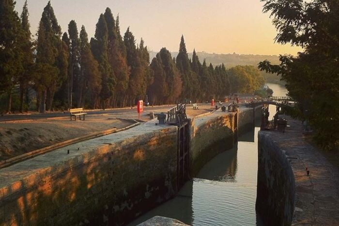 Écluses successives du canal du Nivernais bordées de cyprès